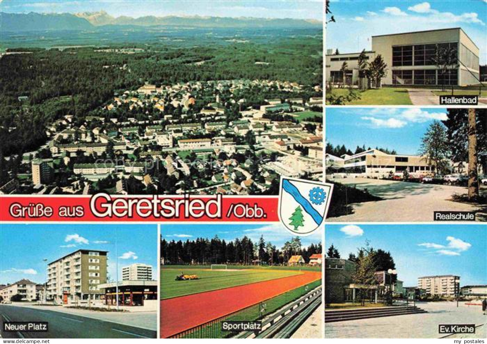 Geretsried Luftaufnahme Hallenbad Realschule Kirche Sportplatz Neuer Platz