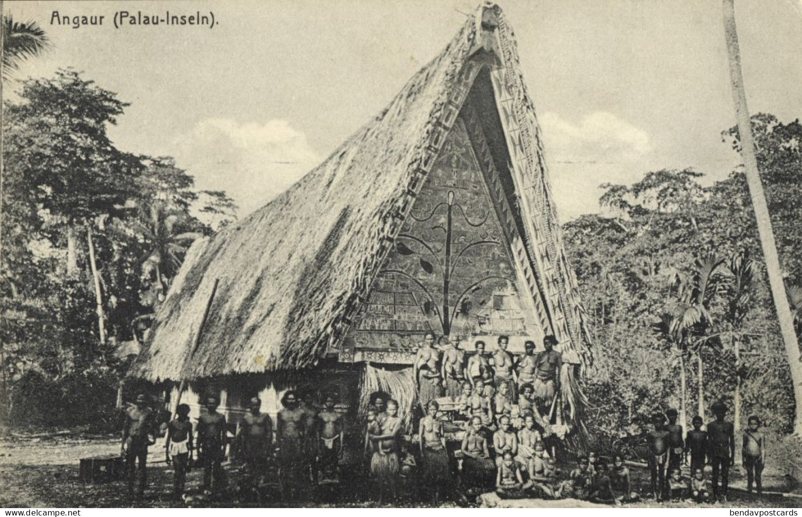 German Caroline Islands, Palau Angaur, Natives with House (1910s) Micronesia (2)