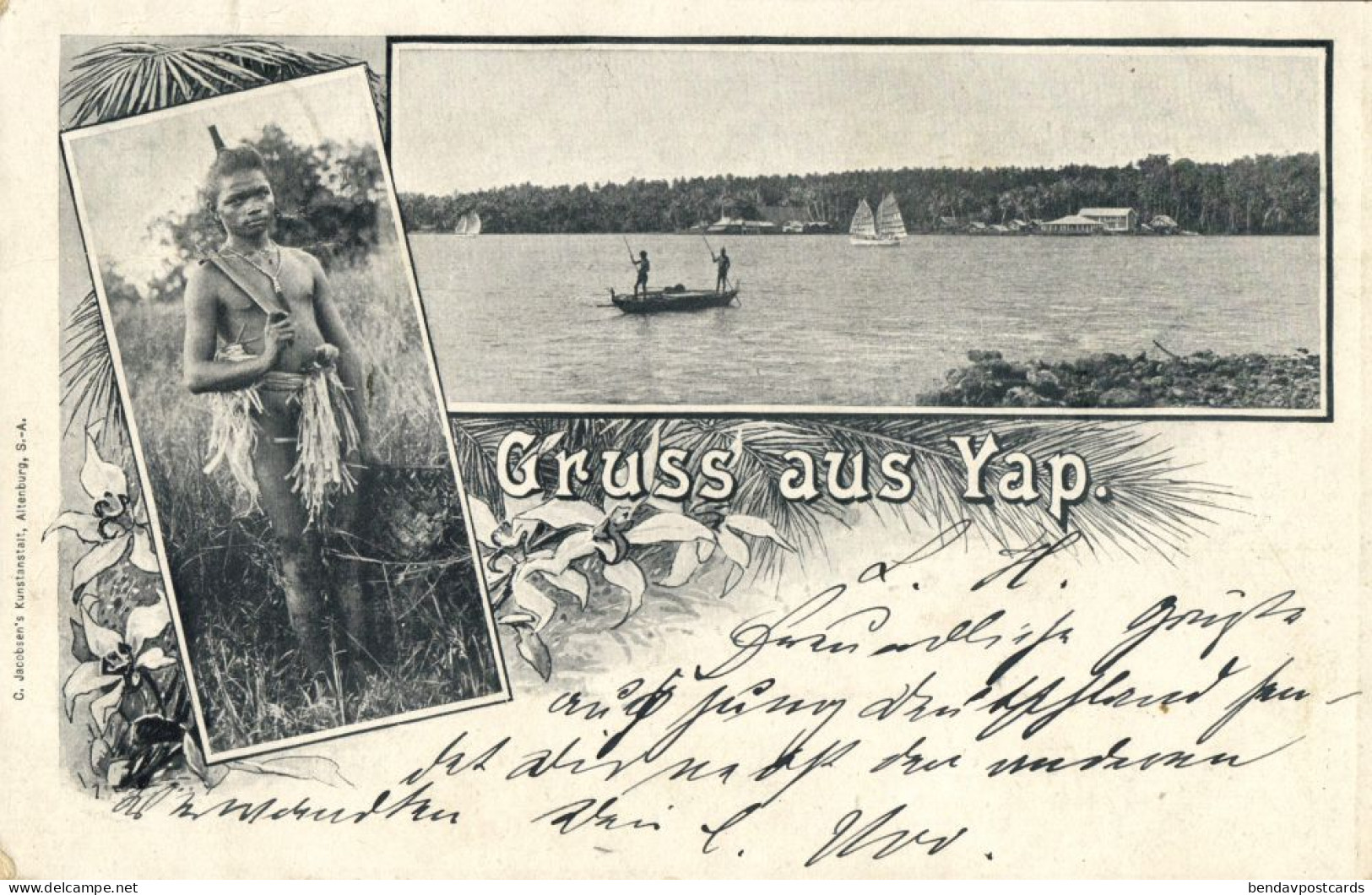 German Caroline Islands, Yap Island, Armed Native Warrior, River Scene (1900s) Micronesia Postcard
