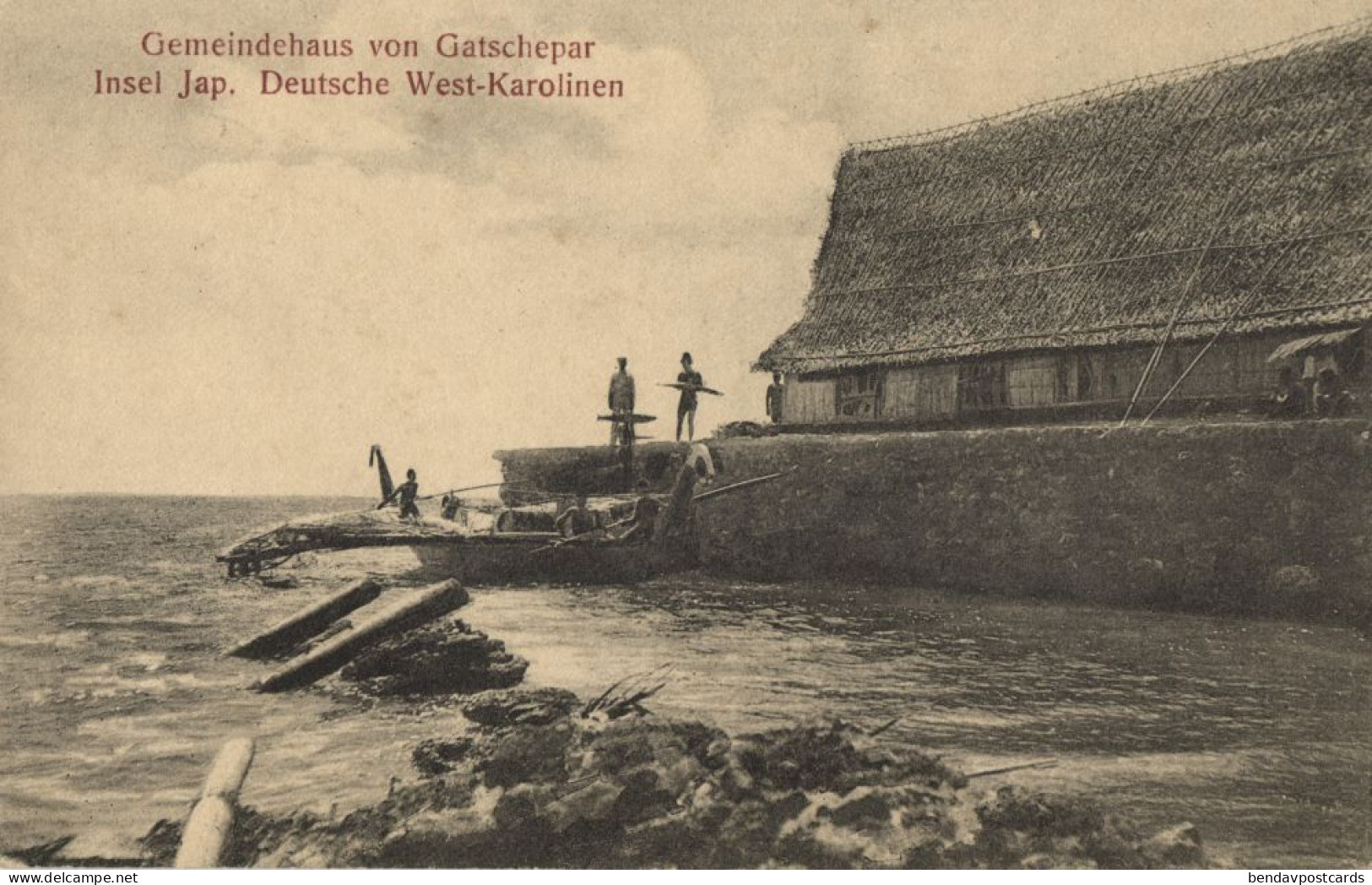 German Caroline Islands, Yap Island, Natives near Gatschepar Town Hall (1910s) Micronesia Postcard