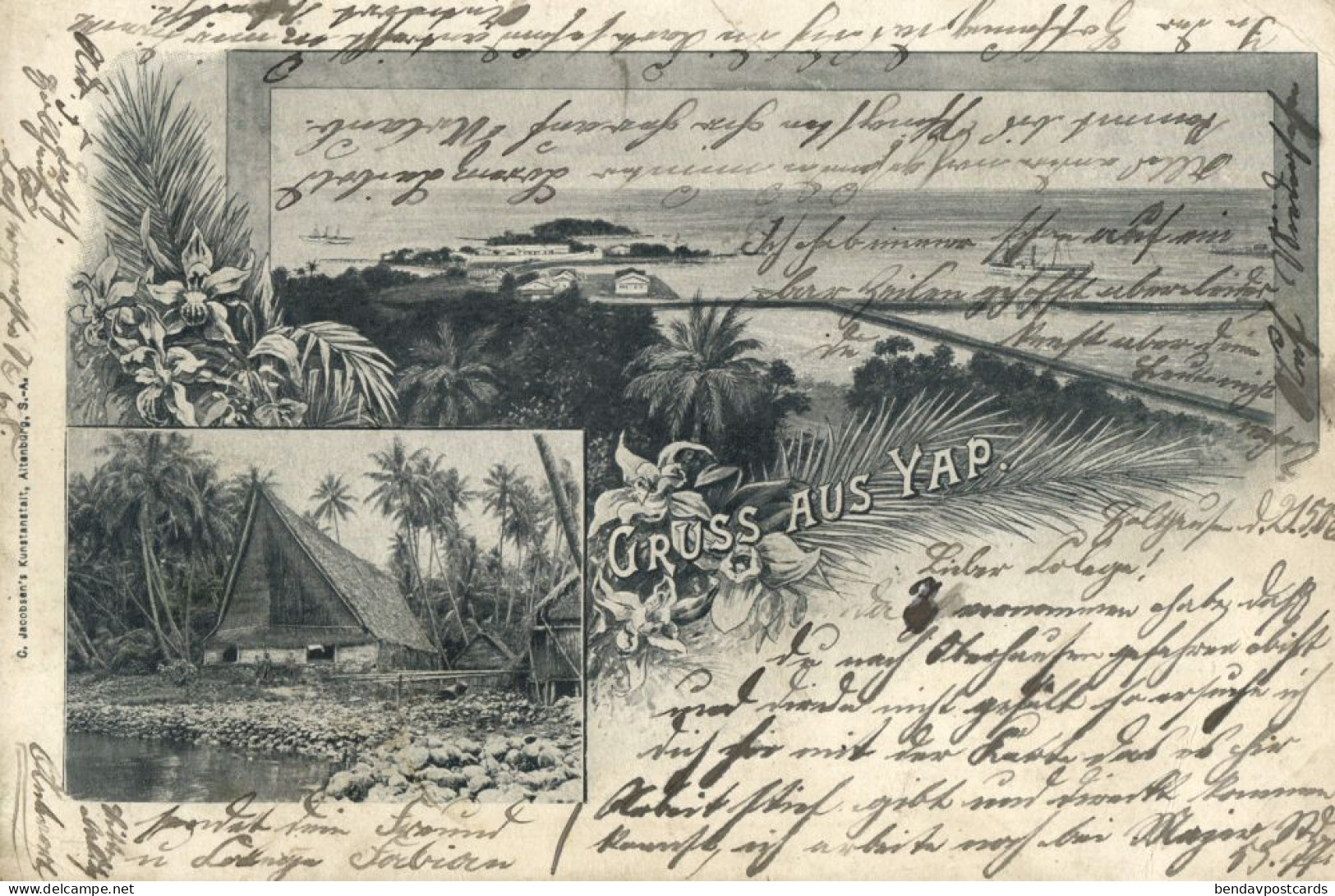 German Caroline Islands, Yap Island, Panorama, Native House (1906) Micronesia Postcard