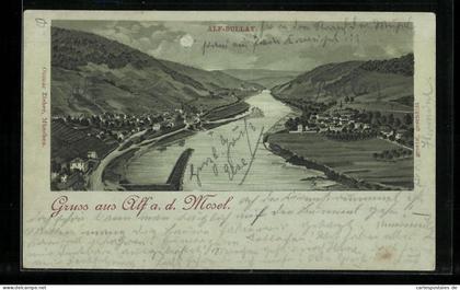 Mondschein-Lithographie Alf a. d. Mosel, Alf-Bullay aus der Vogelschau