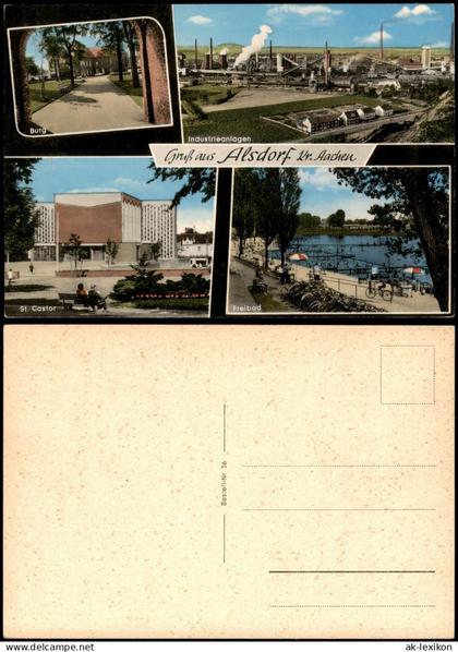Alsdorf Mehrbild-AK mit Burg Industrieanlagen Kirche St. Castor Freibad 1965