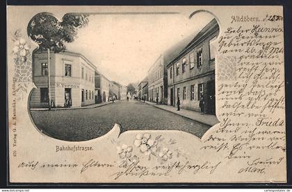 AK Altdöbern, Bahnhofstrasse mit Geschäft von H. Terno im Passepartout