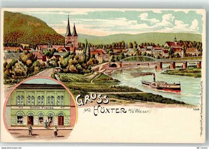 37671 W3470 Höxter Lithographie Weser Brücke Ausflugsdampfer Geschäftsha... - 13628950