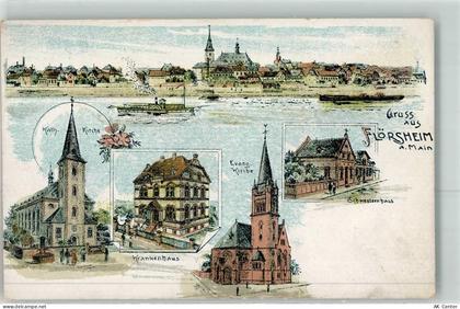 65439 W6093 Flörsheim am Main Lithographie Kath. Kirche Ev. Kirche Krank... - 13613613