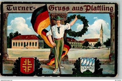 94447 W8350 Plattling 1912 Lithographie Turner-Gruß Fahnenträger Wappen ... - 13653847