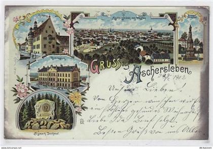 Lithographie Gruss aus Aschersleben. Rathaus, Aschersleben von Westen Kr... - 39003495