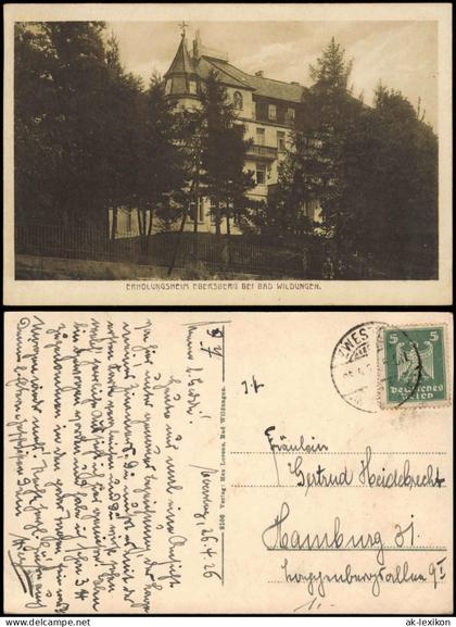 Ansichtskarte Bad Wildungen ERHOLUNGSHEIM EBERSBERG BEI BAD WILDUNGEN 1926