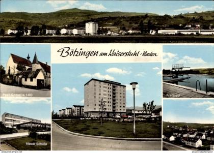 CPA Bötzingen im Schwarzwald, Panorama, Pest-Kapelle 1480, neue Schule, Freibad