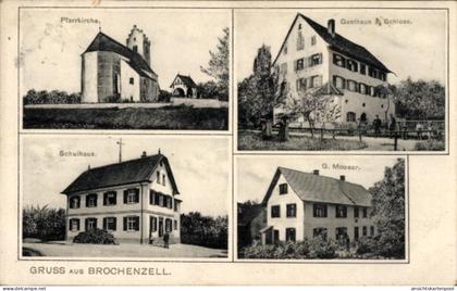 CPA Brochenzell Meckenbeuren in Oberschwaben Württemberg, Schulhaus, Pfarrkirche, Gasthaus