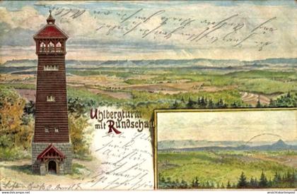 Lithographie Filderstadt in Württemberg, Uhlbergturm mit Rundschau