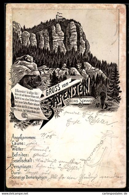 Lithographie Bärenstein /Sächsische Schweiz, Ortsansicht mit Gasthaus Fels Bärenstein O. Huhle