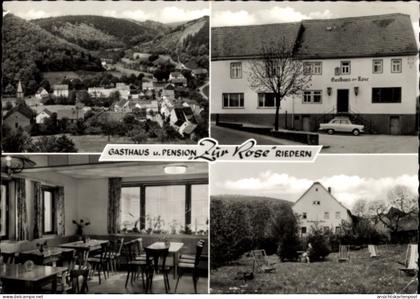 CPA Riedern Eichenbühl in Unterfranken, Gasthaus und Pension zur Rose, Panorama, Gastraum, Garten