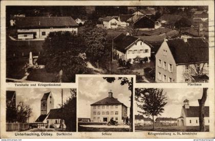 CPA Unterhaching in Oberbayern, Dorfkirche, Turnhalle, Schule, Kriegersiedlung, St. Altokirche