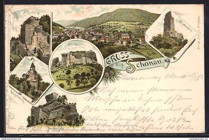 Vorläufer-Lithographie Schönau / Brend, 1895, Ruinen Blumenstein, Fleckenstein, Hohenburg, Wegelnburg und Drachenfels