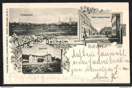 AK Bellheim, Bahnhof, Obere Hauptstrasse, Totalansicht