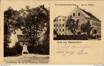 CPA Berlin Pankow Blankenfelde, Kolonialwarenhandlung A. Müller, Gefallenen-Gedenkstein