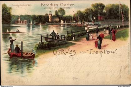 Lithographie Berlin Treptow, Kaiser Wilhelmgarten, Dampferanlegestelle