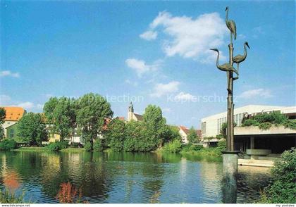 Boeblingen BW See Reiher-Skulptur Kirche Stadtansicht Baeume Gebr-Metz-Verlag mo