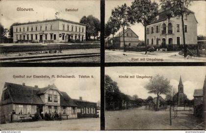 CPA Glöwen Plattenburg in der Prignitz, Bahnhof, Kirche, Post, Gasthof zur Eisenbahn