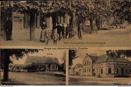 CPA Schulzendorf Trebbin in Brandenburg, Materialwarenhandlung Gottfried Rostock, Schule, Gasthof