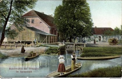 CPA Straupitz im Spreewald, Buschmühle, Spreewaldkahn, Mädchen in Tracht