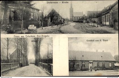 CPA Telschow Putlitz in der Prignitz, Dorfstraße, Kirche, Mühle, Gasthof