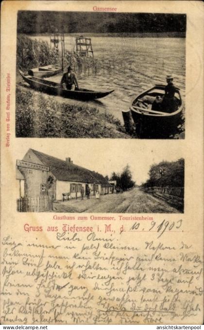 CPA Tiefensee Werneuchen in der Mark, Gamensee, Boote, Gasthaus zum Gamensee