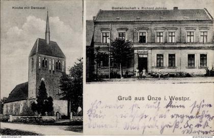 CPA Ünze Uenze Plattenburg in der Prignitz, Kirche, Denkmal, Gastwirtschaft Richard Jahnke