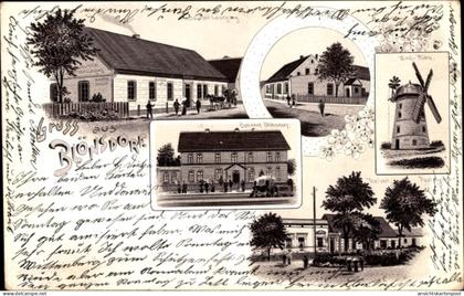 Lithographie Blönsdorf Niedergörsdorf in Brandenburg, Restaurant Leisegang, Windmühle, Bahnhof, Postagentur