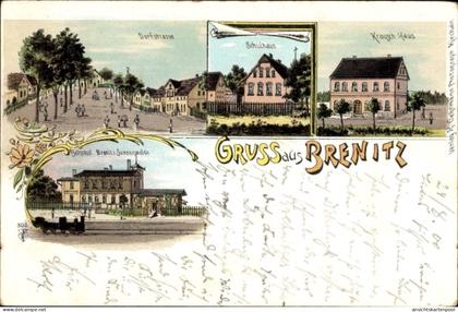 Lithographie Brenitz Sonnewalde Brandenburg, Krausch Haus, Schulhaus, Dorfstraße, Bahnhof