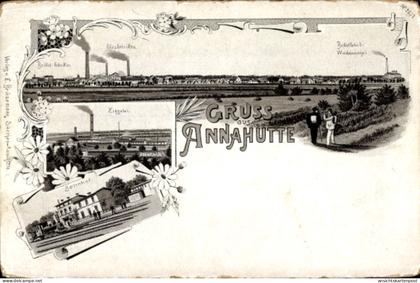 Lithographie Särchen Annahütte Schipkau in der Niederlausitz, Bahnhof, Ziegelei, Glasfabriken