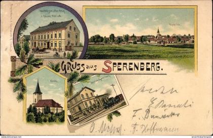 Lithographie Sperenberg am Mellensee Brandenburg, Gasthof zum alten Krug, Gesamtansicht, Bahnhof, Kirche