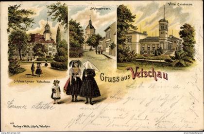 Lithographie Vetschau im Spreewald, Schloss Lynar, Schlossstraße, Villa Griebenow, Spreewälderinnen, Tracht