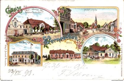 Lithographie Werneuchen im Kreis Barnim, Kirche, Altstadt, Bahnhof, Hotel zum schwarzen Adler