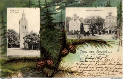 Passepartout CPA Meyenburg in der Prignitz, Schloss, Kirchturm, Wald, Nacht