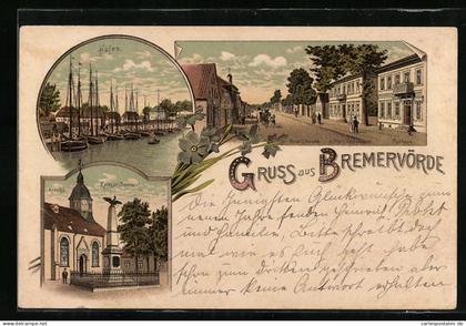 Lithographie Bremervörde, Hafen, Neue Strasse, Krieger-Denkmal und Kirche
