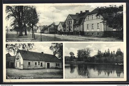 AK Petersdorf / Briesen, Gasthof zur Lindenquelle, Dorfstrasse und Dorfteich