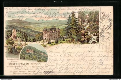 Lithographie Bühlertal, Hotel Wiedenfelsen, Mehrfachansicht, Wasserfall