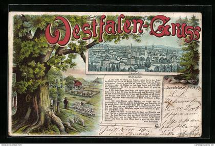 Lithographie Bünde, Ortsansicht aus der Vogelschau