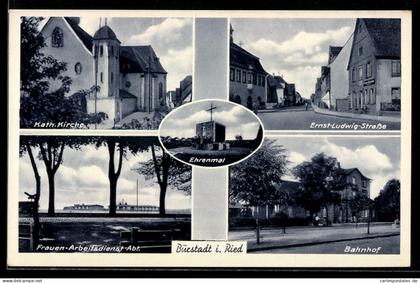 AK Bürstadt i. Ried, Katholische Kirche, Ehrenmal und Bahnhof