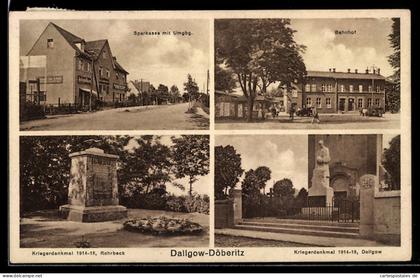 AK Dallgow-Döberitz, Sparkasse, Bahnhof, Kriegerdenkmal 1914-18