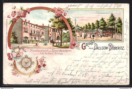 Lithographie Dallgow-Döberitz, Restaurant zum Gardestern - Gebäudeansicht, Garten mit Bühne und Pavillon