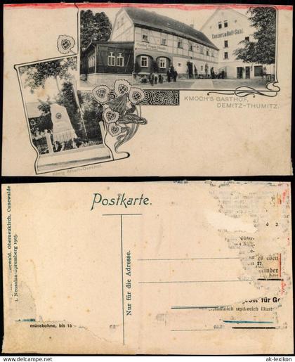 Ansichtskarte Demitz-Thumitz Zemicy-Tumicy 2 Bild Kmoch Gasthof, Denkmal 1905