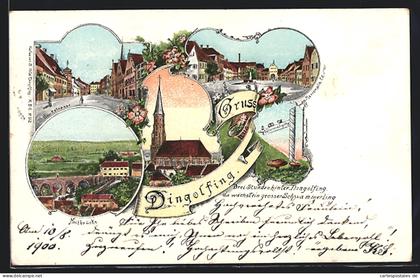 Lithographie Dingolfing, Die Kirche, Marienplatz, Bruckstrasse, Hochbrücke
