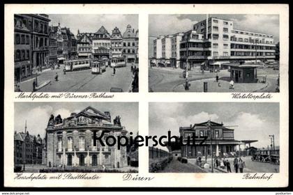 ALTE POSTKARTE DÜREN 1940 HOESCHPLATZ WIRTELTORPLATZ BAHNHOF MARKTPLATZ MIT RATHAUS gare station  Ansichtskarte postcard