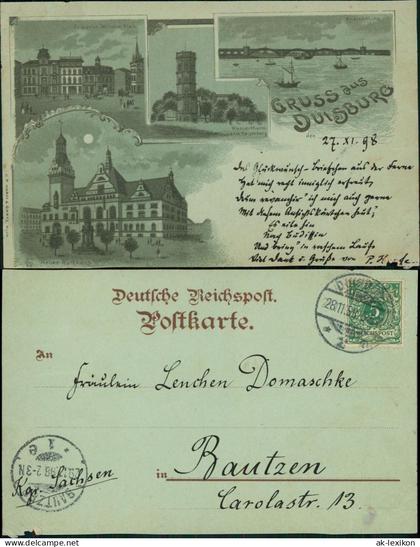 Ansichtskarte Duisburg Litho AK Platz Wasserturm Rathaus bei Mondschein 1898