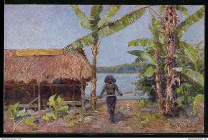 CPA Illustrateur sign. Prof. Peter Paul Müller: Hütte in Papua Neuguinea