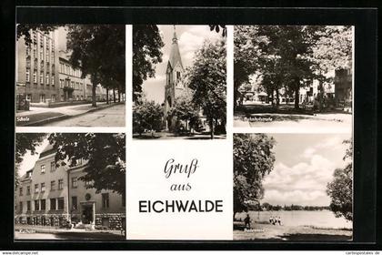 AK Eichwalde, Ansichten Schule, Kirche, Bahnhofstrasse